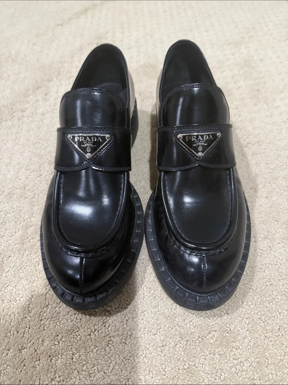 Prada Black Leather Logo Loafers - Picture 1 of 5